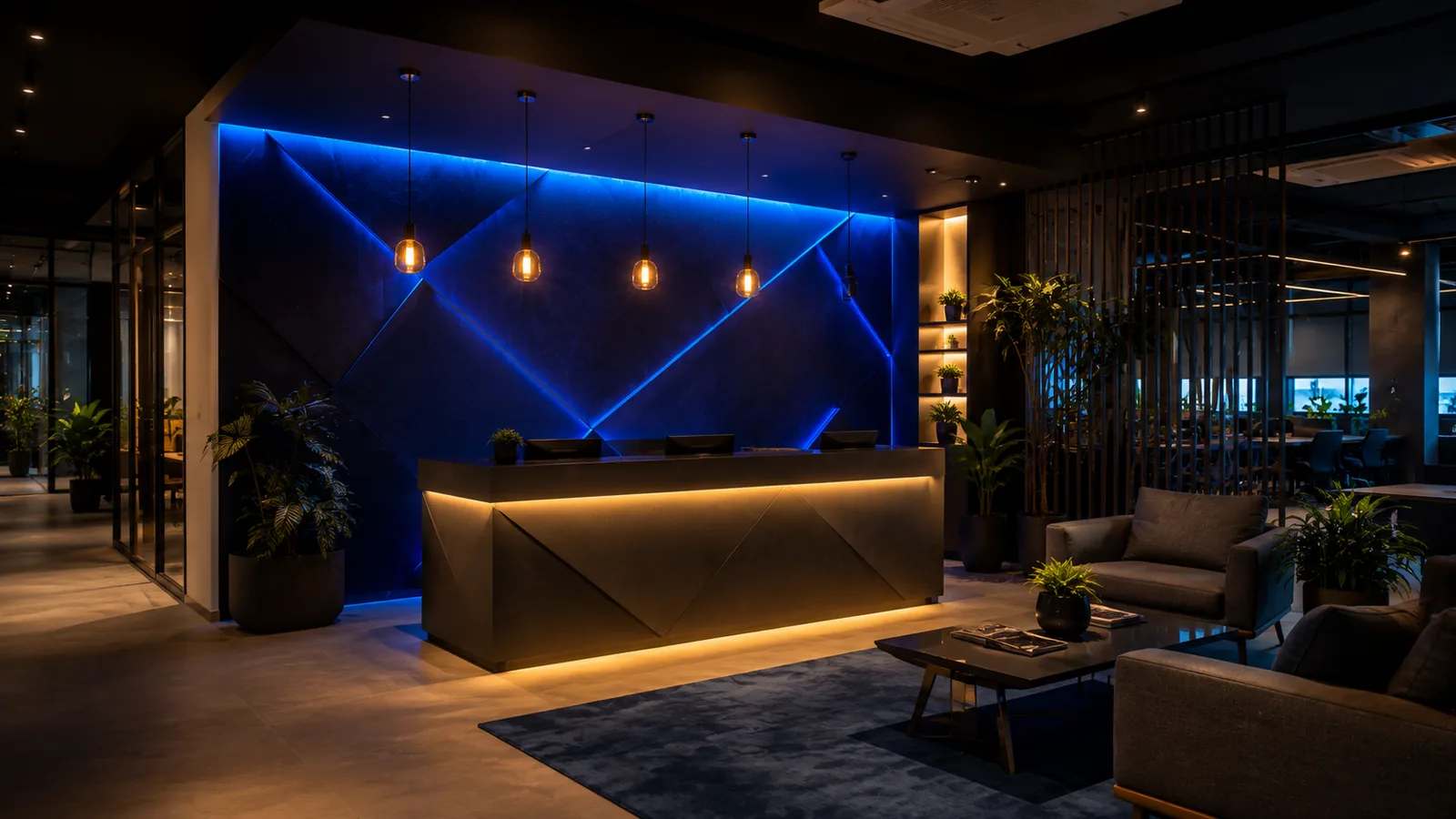O9 Market office reception with cobalt blue lit feature wall