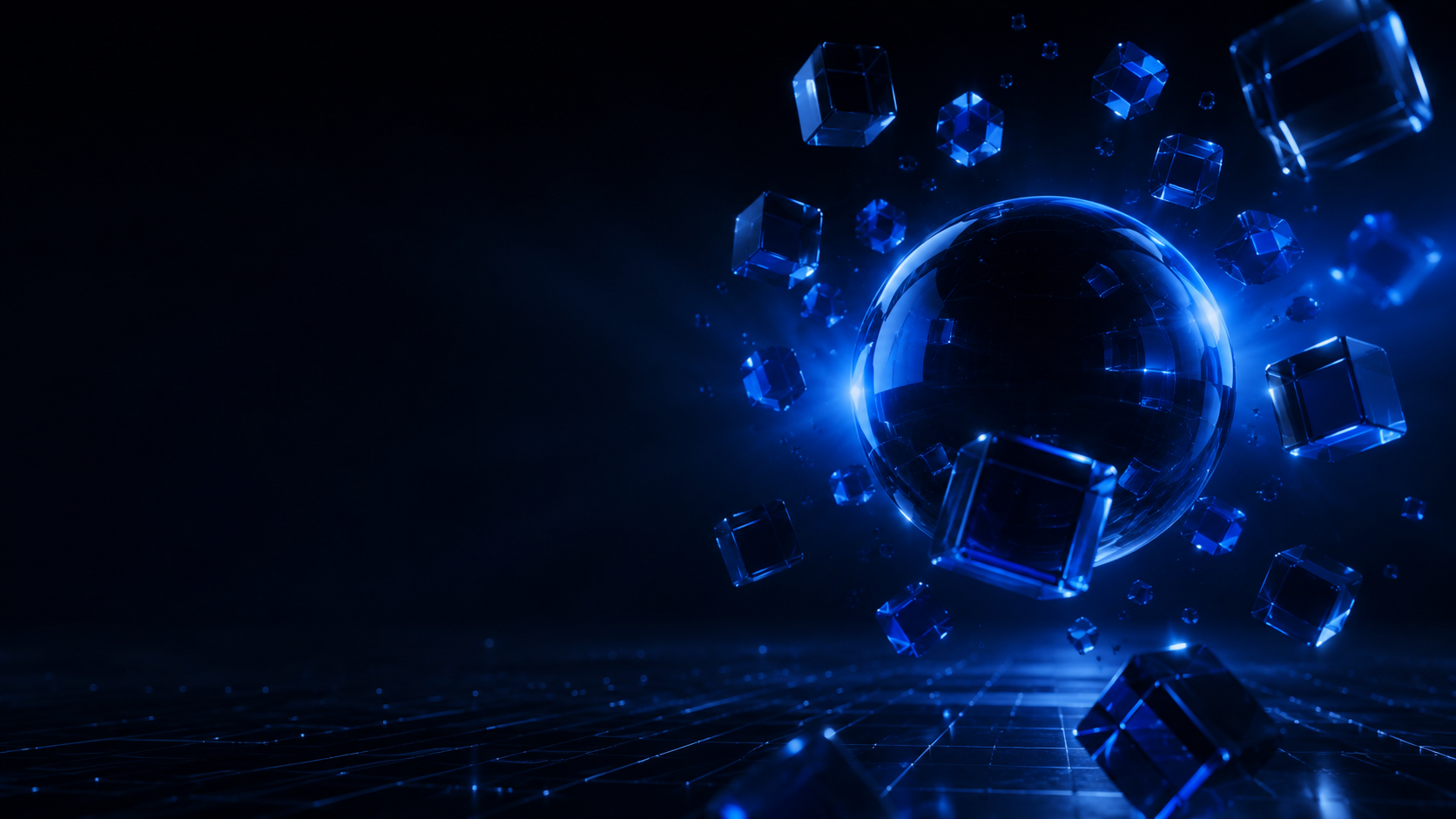 Glossy dark sphere with orbiting blue glass cubes — engineering by O9 Market Rourkela
