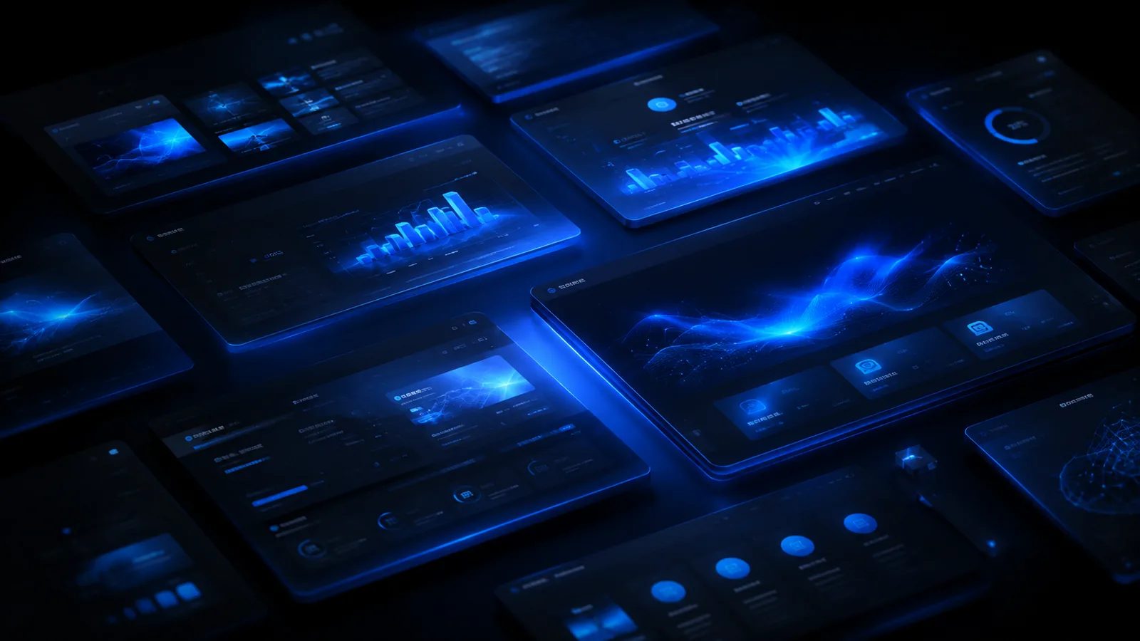 Gallery of glowing website mockup screens floating in 3D — O9 Market portfolio