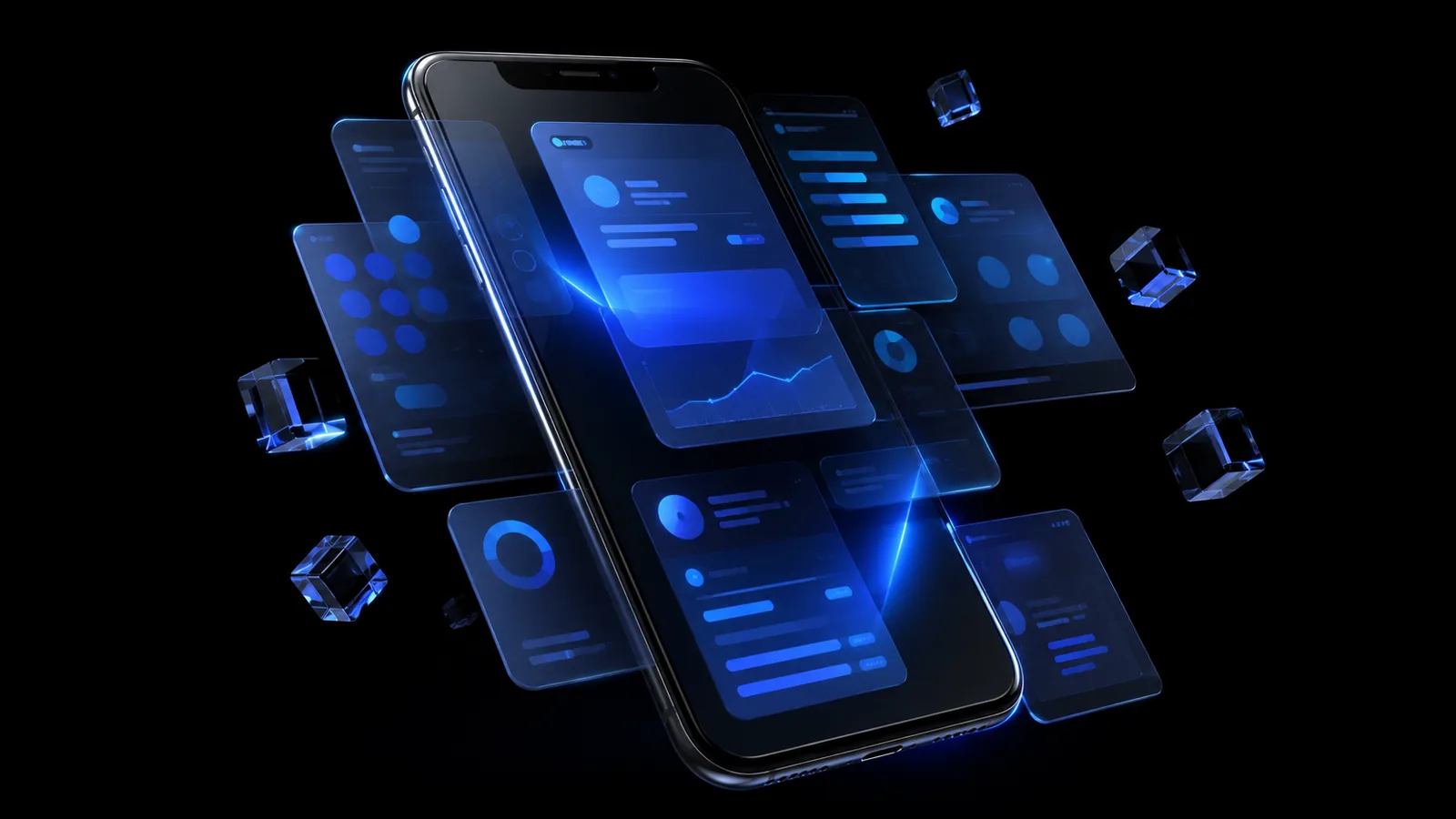 Smartphone with app interface layers floating in 3D — mobile app development by O9 Market Odisha