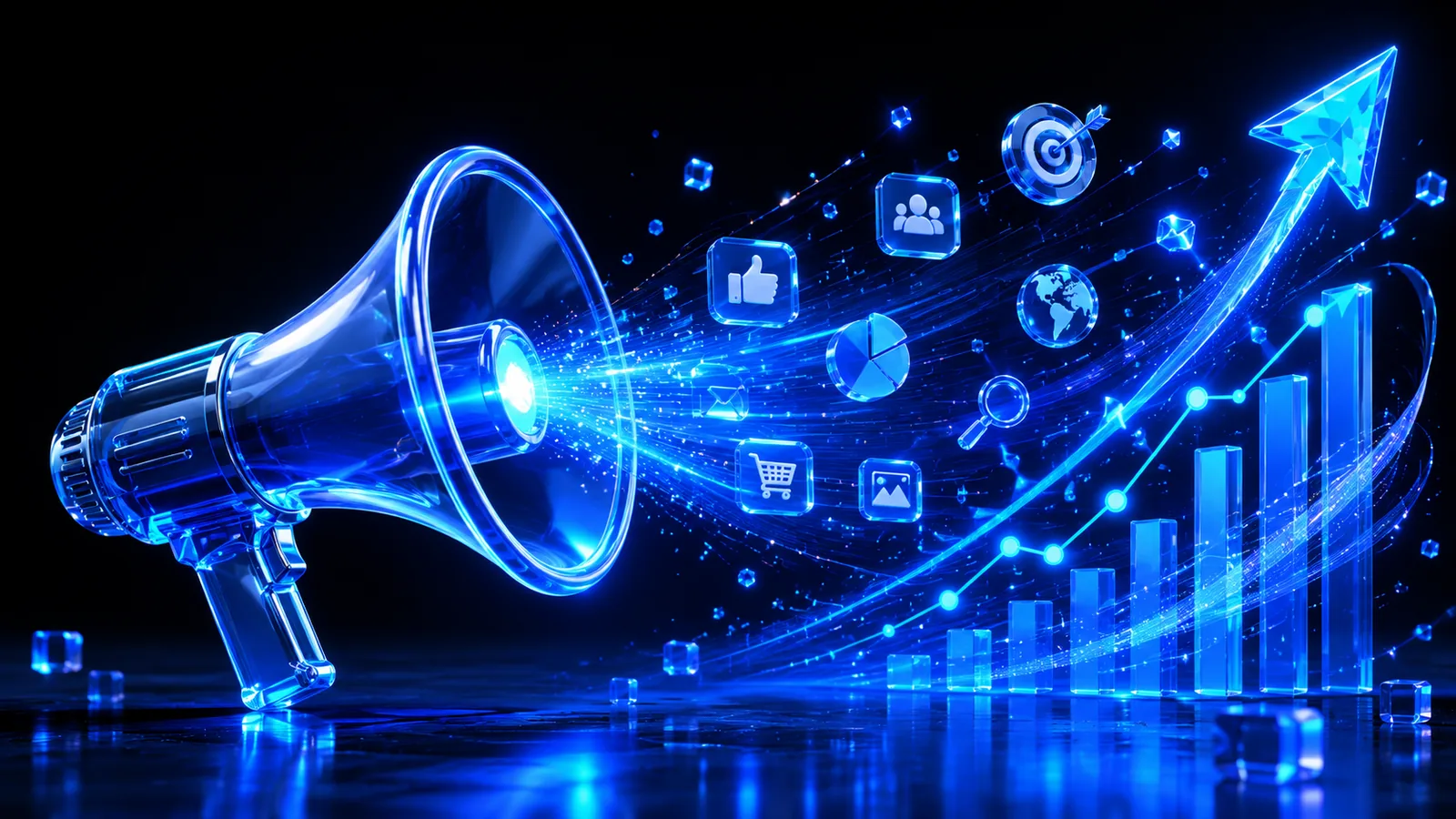 Blue glass megaphone with light streams becoming rising graphs — digital marketing by O9 Market Rourkela