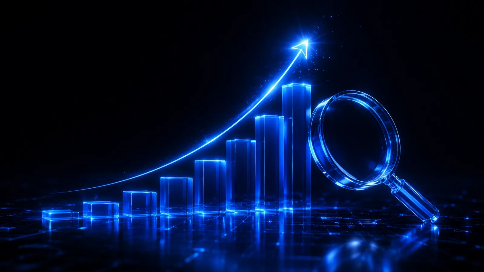 Glowing blue rising bar chart with magnifying glass — SEO growth by O9 Market Odisha