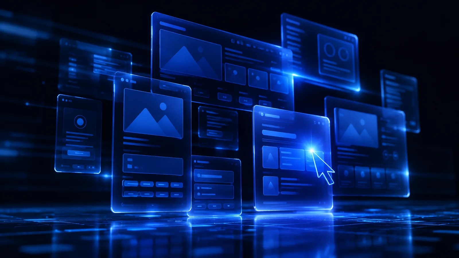 Glowing blue website interface panels floating in 3D space — O9 Market web design craft
